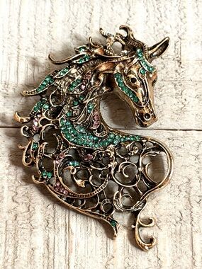 Wild Horse Inspired Brooch w/Green & Pink Rhinestones